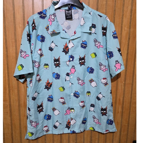 My Hero Academia Hello Kitty Friends Print Shirt Sz L Blue Button Up - Picture 1 of 4